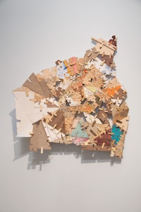 Helen O'Leary, <em>Home is a Foreign Country #9</em>, 2018. Polymer, Pigment, Chalk and Constructed Wood, 27 x 25 x 5/ inches. Courtesy the artist and Lesley Heller Gallery, New York. Photo: Eva O<strong>’</strong>Leary.