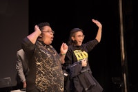 Charlie and Sulu greet the audience at The Lion Theatre at the Ali Forney Center Theatre Troupe's show <em>Get Out: Homeless Edition</em>. Photo by Alex Woodhouse.