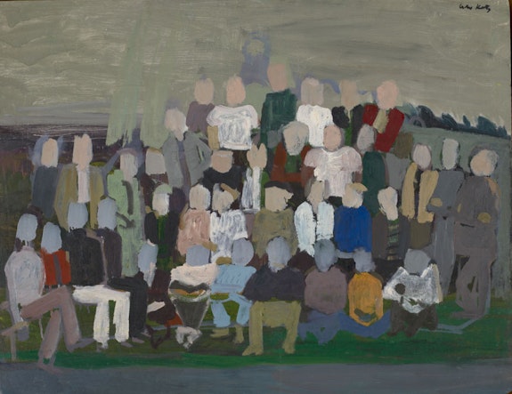 Alex Katz, <em>Group Portrait 2</em>, c. 1950, Oil on Masonite, 30 x 36 inches. Colby College Museum of Art, Promised gift of the artist. © Alex Katz/Licensed by VAGA, New York, NY.
