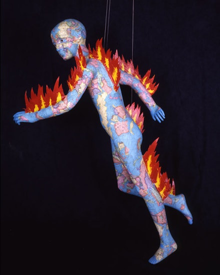 <p>David Wojnarowicz, <em>Untitled (Burning Boy)</em>, 1984. Collaged maps and acrylic on mannequin, 51 x 22 x 26 inches. Courtesy the Estate of David Wojnarowicz and P.P.O.W, New York.</p>