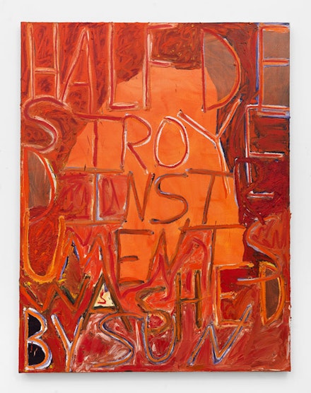 Samuel Jablon, <em>Half Destroyed Instruments Washed By Sun</em>, 2018. Oil and acrylic on canvas, 57 x 43 inches. Courtesy Freight + Volume.