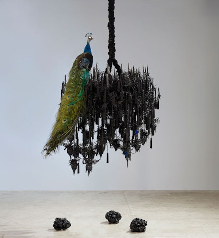 Petah Coyne,<em> Untitled #1242 (Black Snowflake)</em>, 2007-2012. Specially-formulated wax, pigment, taxidermy, candles, tassels, ribbons, hand-blown glass bulbs, chicken-wire fencing, wire, steel, cable, cable nuts, sash weight, quick-link shackles, jaw-to-jaw swivel, silk/rayon velvet, 3/8rdquo; Grade 30 proof coil chain, Velcro, thread, plastic, 71 x 75 x 50 inches. © Petah Coyne. Courtesy Galerie Lelong & Co., New York.