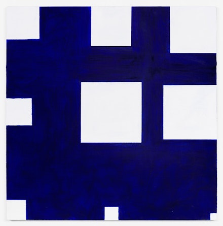 Paul Mogensen, <em>no title (Thalo blue and white)</em>, 2016, Oil and stand oil on canvas, 24 × 24 inches. courtesy the artist and Karma, New York
