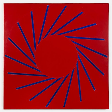Paul Mogensen, <em>no title (Cadmium Red Medium and Ultramarine Blue)</em>, 2017, Oil and stand oil on canvas, 96 × 96 inches. courtesy the artist and Karma, New York