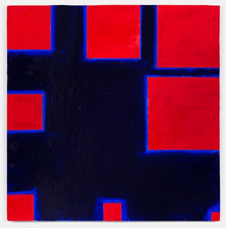 Paul Mogensen, <em>no title (Cadmium red and thalo blue)</em>, 2017, Oil and stand oil on canvas, 24 x 24 inches. courtesy the artist and Karma, New York
