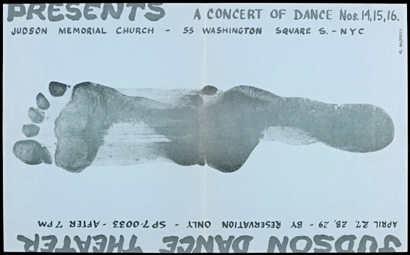 Poster for Judson Memorial Church presents <em>Concerts of Dance #14, #15, and #16. </em>April 27, 28, and 29, 1964. Offset print. 10 3/16 x 16 9/16 inches. Yvonne Rainer Papers Archive, The Getty Research Institute, Los Angeles