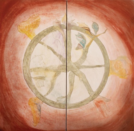 Francesco Clemente,<em> Wheel of Dharma</em>, 1983. Fresco: two panels, 96 x 96 inches. Courtesy the artist.