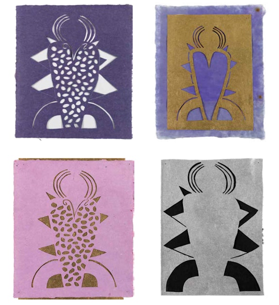 Clockwise from top left: Margrit Lewczuk, <em>Blue Angel</em>, 2015. Collage with colored paper, 14 1/4 x 11 1/2 inches; <em>Gold Angel</em>, 2015. Collage with metallic paper 13 x 8 3/4 inches; <em>Purple Angel</em>, 2015. Collage with metallic paper, 17 1/2 x 13 1/4 inches; <em>Silver Angel</em>, 2015. Collage with metallic paper, 13 1/2 x 10 inches. Photos: Brian Buckley. Courtesy the New York Studio School.