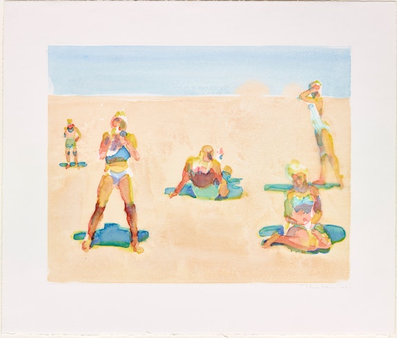 Wayne Thiebaud, <em>Untitled (Five Beach Figures)</em>, 1991. Watercolor monotype, 21 x 24 3/4 inches. Courtesy Paul Thiebaud Gallery.