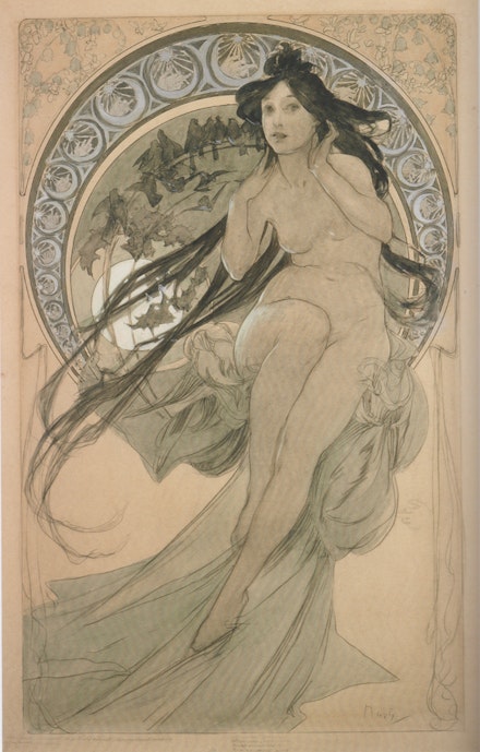 Alphonse Mucha (1860-1939), <em>La Musique</em>, 1898. Study for the series <em>The Arts</em>. Graphite and watercolor on paper, 56 x 34.8 cm. Fondation Mucha.