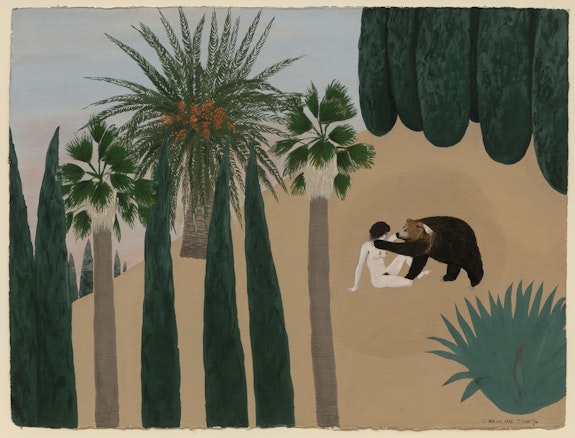 Mira Schor, <em>Bear Triptych, Part I</em>, November 1972-March 1973, Gouache on Arches paper, CalArts, 22 x 30 inches each. Courtesy Lyles & King.