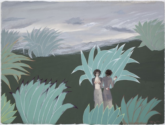 Mira Schor, <em>The Two Miras</em>, February 3-6, 1973, Gouache on Arches paper, CalArts, 22 x 30 inches. Courtesy Lyles & King.