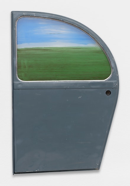 Pierre Buraglio, <em>Paysage - 2CV</em>, 1992. Frond door 2CV, stained glass (Ateliers Loire), 41 x 27 inches. Courtesy Ceysson & Bénétière