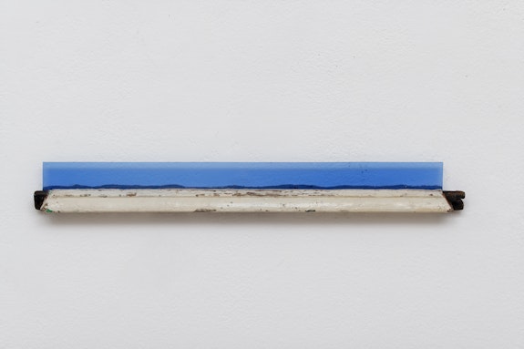 Pierre Buraglio, <em>Petit-bois 1988</em>, 2019. Wood blu glass, Saint-Just mounted on fragment of window frame. 2 x 20 x 2 inches. Courtesy Ceysson & Bénétière