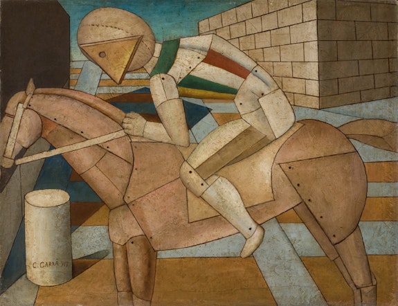 Carlo Carrà, <em>Il cavaliere occidentale (The Western Knight)</em>, 1917, Oil on canvas, 52 x 67 cm, Fondation Mattioli Rossi, Switzerland. © 2018 Artists Rights Society (ARS), New York / SIAE, Rome.