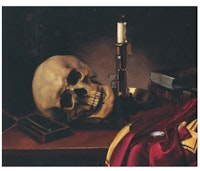 <p>E. Schlüter, <em>Vanitas. Skull with Candle and Watch</em>, 1851. Oil on canvas, 16 1/2 x 21 inches. Courtesy Shepherd Gallery, New York.</p>