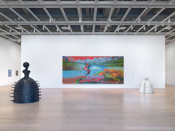 Installation view: <em>Whitney Biennial 2019</em>, Whitney Museum of American Art, New York, 2019. From left to right: Dicko Chan, <em>Untitled</em>, 2018; Emerson Ricard, <em>Untitled</em>, 2018; Simone Leigh, <em>Stick</em>, 2019; Janiva Ellis, <em>Uh Oh, Look Who Got Wet</em>, 2019; Simone Leigh,<em> #8 Village Series</em>, 2019. Photo: Ron Amstutz.