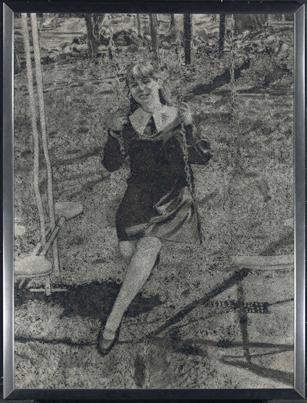 Richard Artschwager, Woman on Swing (Portrait of Ruth Dworken), 1969. Acrylic on Celotex in artist's frame, 50 x 38 inches. Hall Collection. © Richard Artschwager.
