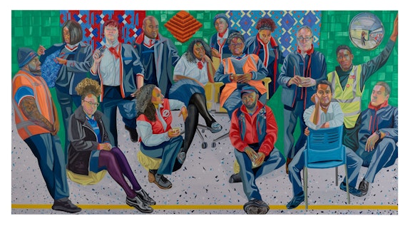 Aliza Nisenbaum <em>London Underground: Brixton Station and Victoria Line Staff</em>, 2019. Oil on polyester, 74 3/4 x 142 1/8 inches. Courtesy Anton Kern Gallery.