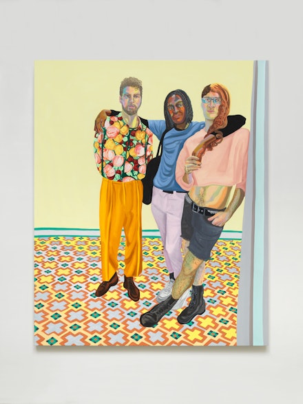 Aliza Nisenbaum, <em>Puro Teatro (Jorge, Carlos and Brendan)</em>, 2018. Oil on linen, 77 x 63 inches. Courtesy Anton Kern Gallery.