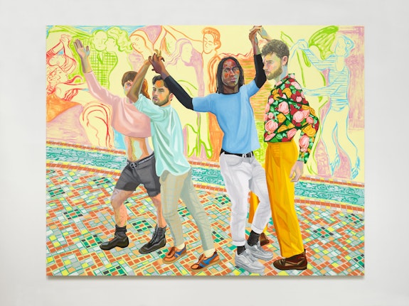 Aliza Nisenbaum, <em>Mis Cuartro Gracias (Brendan, Camilo,Carlos, Jorge)</em>, 2018. Oil on linen, 75 x 95 inches. Courtesy Anton Kern Gallery.