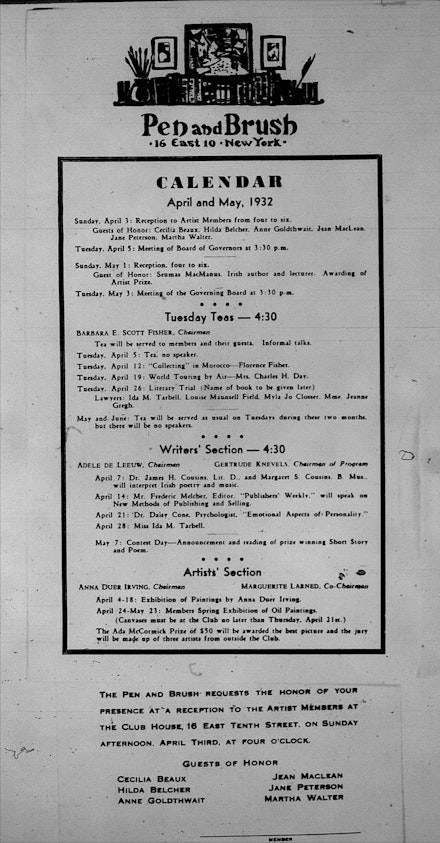 Members bulletin from April 1932 showing typical programming when Pen + Brush  functioned as a private social club, which here includes a lecture on “New Methods of Publishing and Selling” by an editor of Publisher’s Weekly as well as a Spring Exhibition of oil paintings with a $50 first prize juried by three outside artists