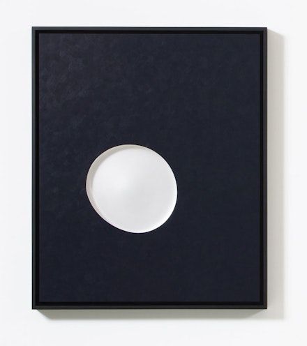 Josiah McElheny,<em> Lunar Waxing</em>, 2019. Acrylic on board with inset, hand-formed, polished and ground glass, low-iron mirror, ash frame, 32 7/8 x 24 7/8 x 2 1/8 inches. © Josiah McElheny 2019. Courtesy the artist and James Cohan, New York.