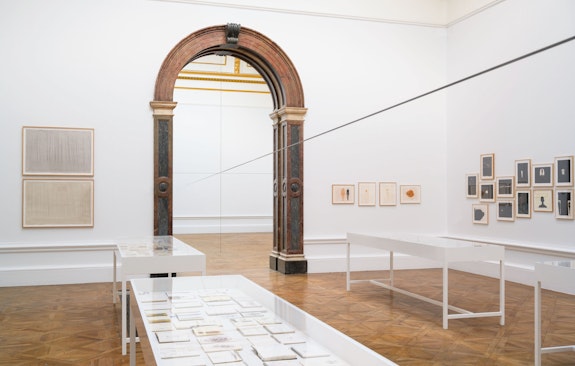 Antony Gormley, <em>Co-ordinate VI</em>, 2019. 5 mm square section mild steel bar, two horizontal and one vertical line, dimensions variable. Installation view, Royal Academy of Arts, London, 2019. © Antony Gormley. Photo: © Oak Taylor-Smith.