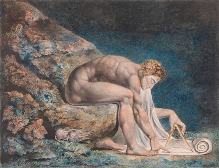 William Blake, <em>Newton</em>, 1795-c.1805. Color print, ink, and watercolor on paper, 18 1/8 x 23 5/8 inches. Collection of the Tate.