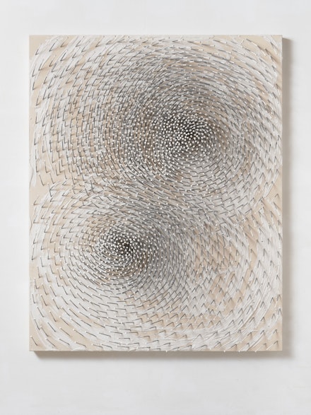 Günther Uecker,<em> Doppelspirale “Both”</em>, 2019. Nails and white paint on canvas on wood 78 3/4 x 62 x 9/10 inches. © 2019 Artists Rights Society (ARS), New York / VG Bild-Kunst, Bonn Photo: Ivo Faber.
