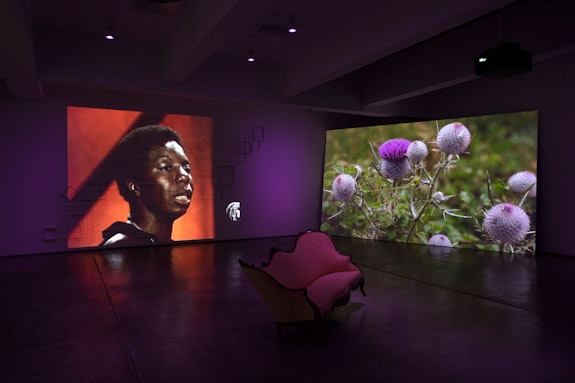 Ja’Tovia Gary, <em>THE GIVERNY SUITE </em>(detail), 2019. Film, three-channel installation, stereo sound, HD and SD video footage, 39:56 minutes, looped, color/black & white 1920 x 1080, 16:9 aspect ratio, dimensions variable. © Ja’Tovia Gary. Courtesy Paula Cooper Gallery, New York. Photo: Steven Probert.