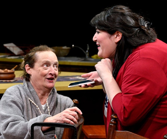 Left to right: Nancy Robinette and Nicole Spiezio in <em>Nicole Clark is Having a Baby</em> by Morgan Gould part of the 2020 Humana Festival of New American Plays. Photo: Jonathan Roberts