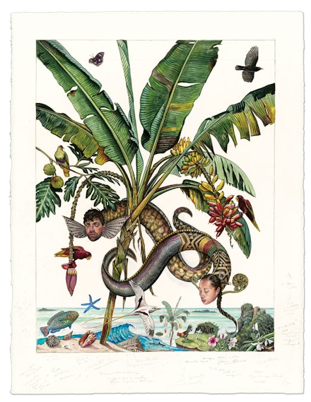 James Prosek, <em>Study for Paradise Lost, Ponape</em>, 2019. Watercolor, gouache, colored pencil, and graphite on paper, 24 1/2 × 18 1/2 in. (62.2 × 47 cm). Courtesy of James Prosek and Waqas Wajahat, New York. 