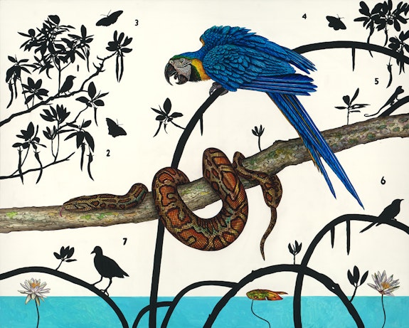 James Prosek, <em>Paradise Lost 1 (Burmese Python and Blue and Yellow Macaw, Everglades)</em> (detail), 2019. Oil and acrylic on panel, 38 1/2 × 48 1/2 in. (97.8 × 123.2 cm). Courtesy of James Prosek and Waqas Wajahat, New York. 