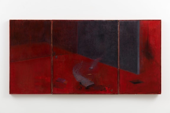 Guillermo Kuitca, <em>The Family Idiot</em>, 2019. Oil on canvas in artist frame, triptych, 36 3/8 x 73 1/4 inches.  © Guillermo Kuitca. Courtesy the artist and Hauser & Wirth. Photo: Fredrik Nilsen.