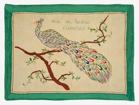 Feliciano Centurión, <em>Ave del paraiso florecido</em> (Bird of flowering paradise), c. 1995. Embroidery on fabric, 16 1/2 x 22 1/2 inches. Private collection, London. © Estate of the Artist, Familia Feliciano Centurión.