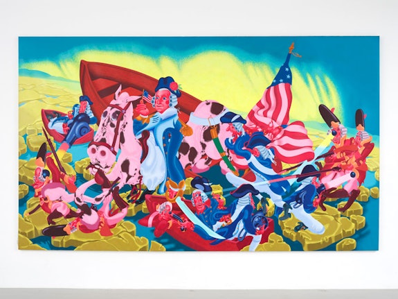 Peter Saul, <em>Washington Crossing the Delaware</em>, 1975. Oil on canvas, 89 x 150 1/2 in (226.1 x 382.3 cm). Collection KAWS. Photo: Farzad Owrang.