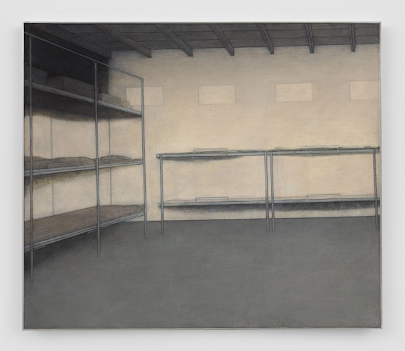 Adrian Morris, <em>Bunkhouse</em>, c. 1985. Oil on board, 35 7/8 × 42 1/8 inches. Courtesy the Estate of Adrian Morris and Essex Street / Maxwell Graham, New York, and Galerie Neu Berlin