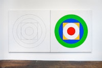 Matt Mullican, <em>Five Worlds Sign</em>, 2020. Acrylic and oil stick rubbing on canvas, in two parts, each: 78 3/4 x 78 3/4 inches. Courtesy the artist and Peter Freeman, Inc. Photo: Nicholas Knight.