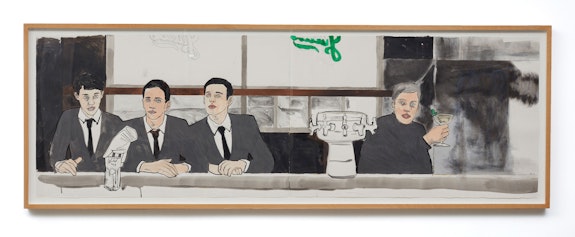 Hernan Bas, <em>Sip In (final grouping)</em>, 2019. Acrylic charcoal and graphite on paper, 26 x 80 inches. Courtesy the artist and Lehmann Maupin, New York, Hong Kong, and Seoul.