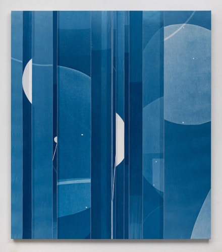Erin Shirreff, <em>Blue tones overlay</em>, 2020. Cyanotype photogram, muslin over panel, 80 x 70 inches. Courtesy Sikkema Jenkins & Co., New York.
