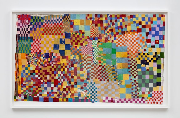 William Cordova, <em>untitled (rumi maki #04)</em>, 2018–19. Feather, shoe laces, paint chips, acrylic, oil, graphite, collage on cardboard, 50 3/8 x 84 1/4 inches. Courtesy Sikkema Jenkins & Co., New York.