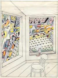 Saul Steinberg, <em>Looking Down</em>, 1988. Marker, crayon, colored pencil and conté crayon with collage on paper, 20 x 14 inches. © The Saul Steinberg Foundation / Artists Rights Society (ARS), New York.