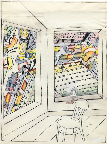 Saul Steinberg, <em>Looking Down</em>, 1988. Marker, crayon, colored pencil and conté crayon with collage on paper, 20 x 14 inches. © The Saul Steinberg Foundation / Artists Rights Society (ARS), New York.