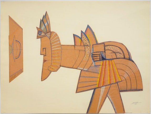 Saul Steinberg, <em>Sphinx II</em>, 1966. Crayon, graphite, colored pencil, and pen and ink on cut brown kraft paper mounted to Strathmore, 30 x 40 inches. © The Saul Steinberg Foundation / Artists Rights Society (ARS), New York.