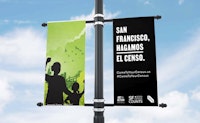 Art+Action’s Come to Your Census Campaign on Yerba Buena Center for the Arts Street Pole Banner Featuring Artwork by Art+Action Featured Artist, Innosanto Nagara. San Francisco. March 2020.