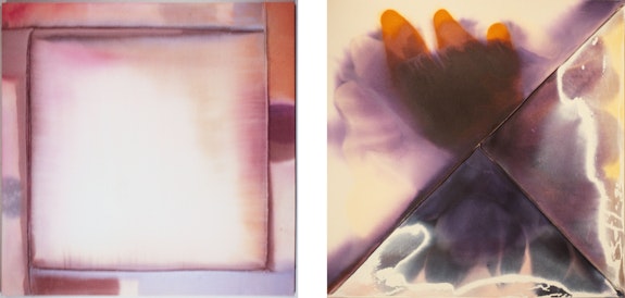 Left: Jo Smail, <em>Breath</em>, 1977. Acrylic on stitched canvas, 60 x 60 inches. Right: <em>Purple Space</em>, 1977. Acrylic on stitched canvas, 69 x 69 inches. (Both destroyed in a fire.)