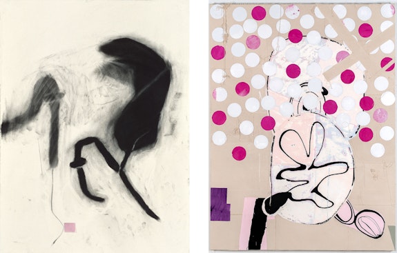 Left: Jo Smail, <em>Species of Love #20</em>, 2006-07. Charcoal and collage on paper, 30 x 22 inches. Right: <em>Dyed Eggs and Thongbells</em>, 2012. Oil, acrylic, enamel, pencil, and collage on canvas, 80 x 60 inches. Courtesy Goya Contemporary, Baltimore.
