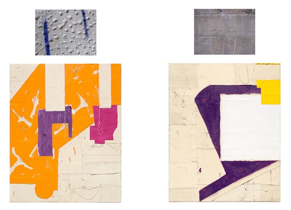 Left: Jo Smail, <em>Marmalade Heart</em>, 2014. Diptych: Acrylic, found fabric, pencil, collage on canvas, 50 x 40 inches, and archival digital print,  24 x 18 1/2 inches. Right: <em>Angel's Gaze</em>, 2014. Diptych: Acrylic, found fabric, pencil, collage on canvas 50 x 40 inches, and archival digital print,  24 x 18 1/2 inches. Courtesy Goya Contemporary, Baltimore.