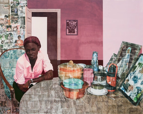 Njideka Akunyili Crosby, <em>Mama, Mummy and Mamma (Predecessors #2)</em>, 2014. Acrylic, color pencil, charcoal, and transfers on paper, 84 x 144 inches. Courtesy the artist. Photo: Mario Todeschini.